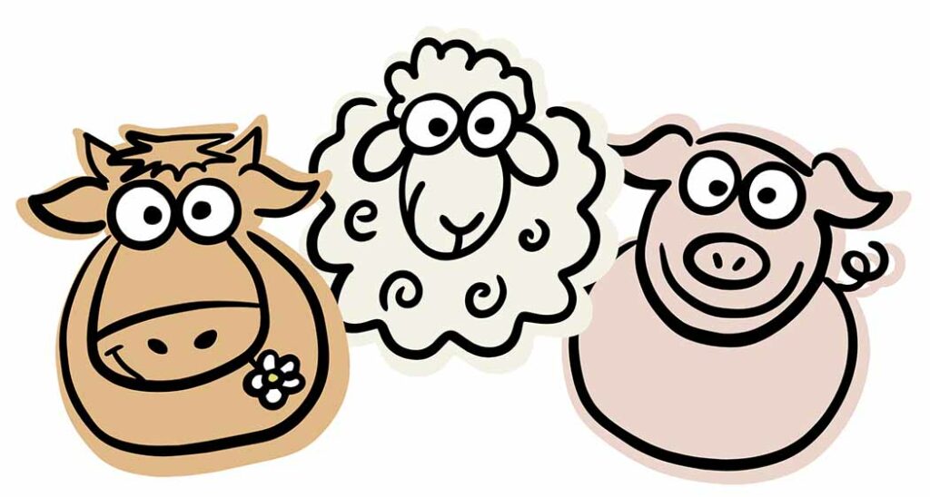cochon mouton et vache dessinés